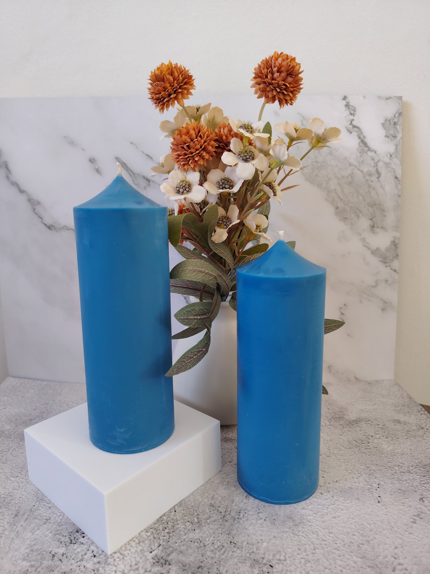 Blue Soy Wax Church Pillar Candles - Unscented, Set of 2 (4 Sizes)