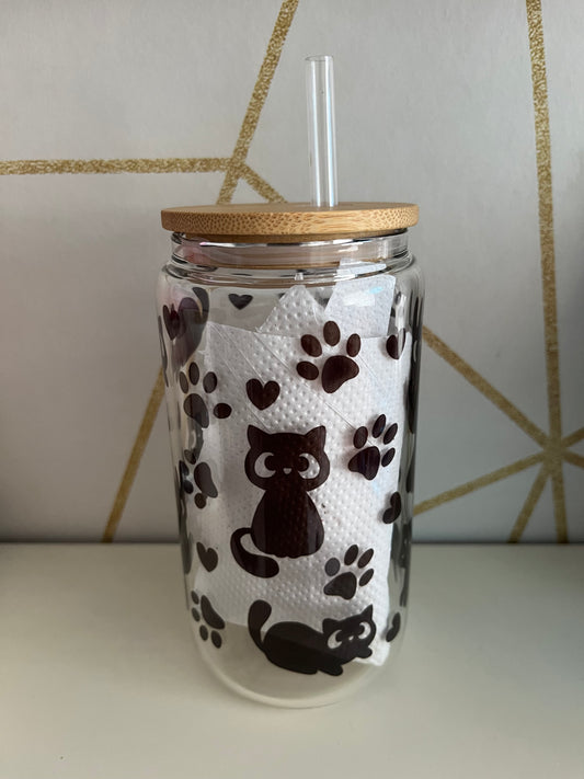 Cute Cat Hlass Tumbler With Bamboo Lid And Straw