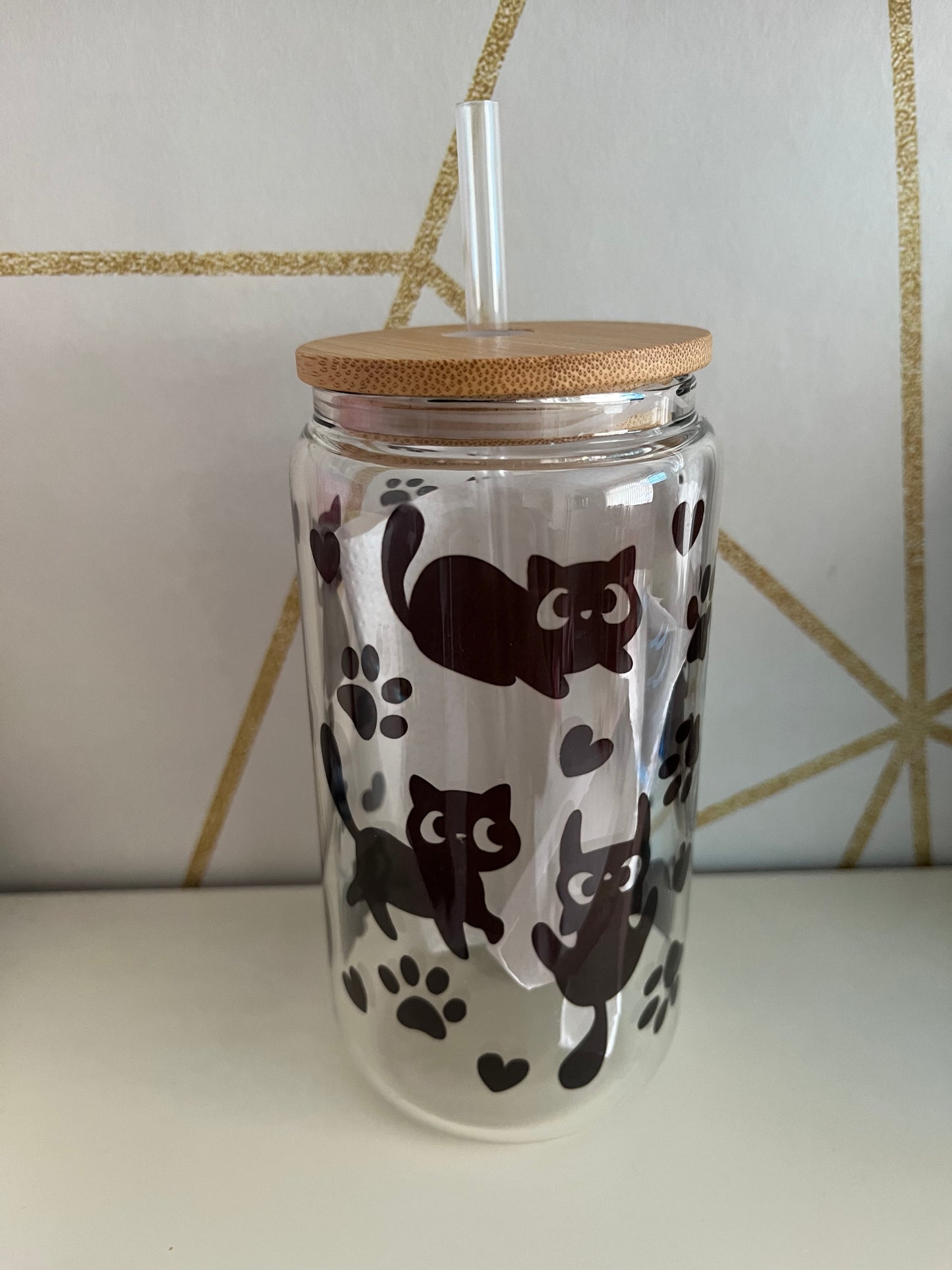 Cute Cat Hlass Tumbler With Bamboo Lid And Straw