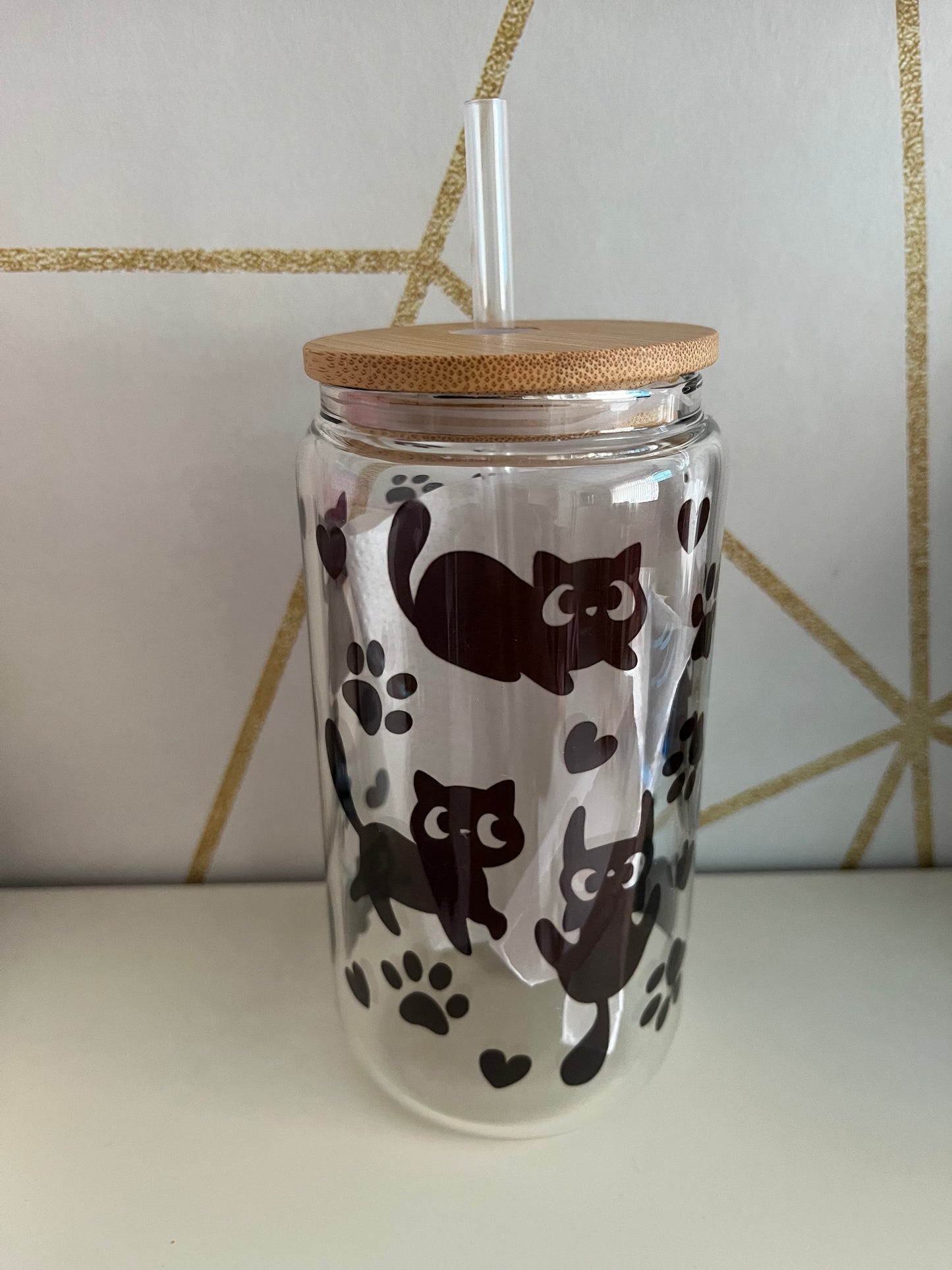 Cute Cat Hlass Tumbler With Bamboo Lid And Straw